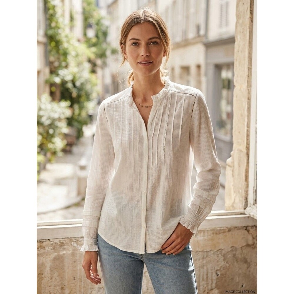 Quince White 100% Organic Cotton Gauze Peasant Blouse Size L Ruffle Collar Boho